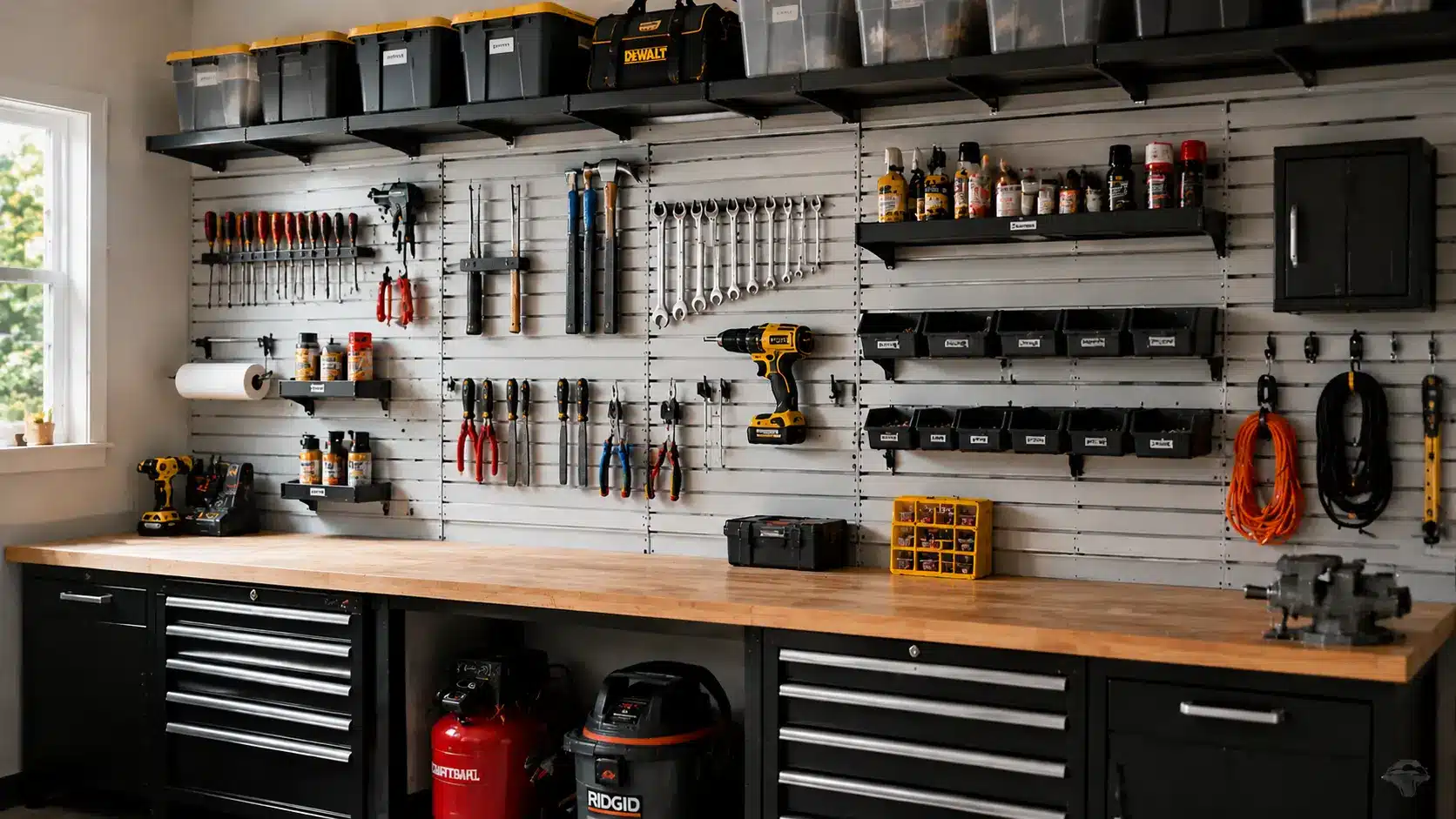 Slatwall panel organizing tools in a garage