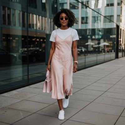 Woman in pink slip dress over white tee walks on city sidewalk, carrying a matching pink handbag.