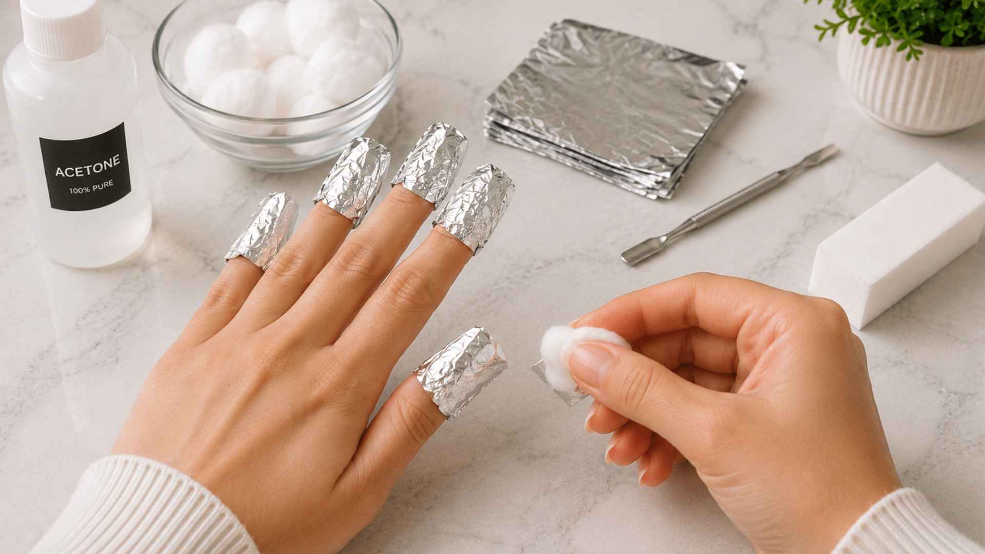 Acrylic nails wrapped with acetone-soaked cotton and aluminum foil on a marble surface, with nail removal supplies arranged nearby.