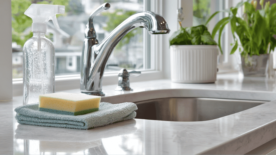 Clean countertop and faucet maintained with soap solution to prevent hard water stains.
