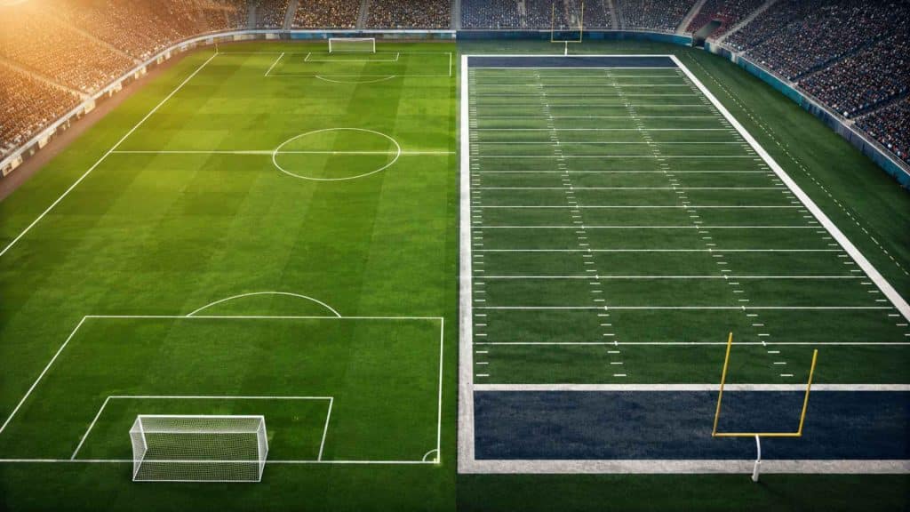 Split view of a soccer field and American football field highlighting differences in size, layout, and field markings in a stadium.
