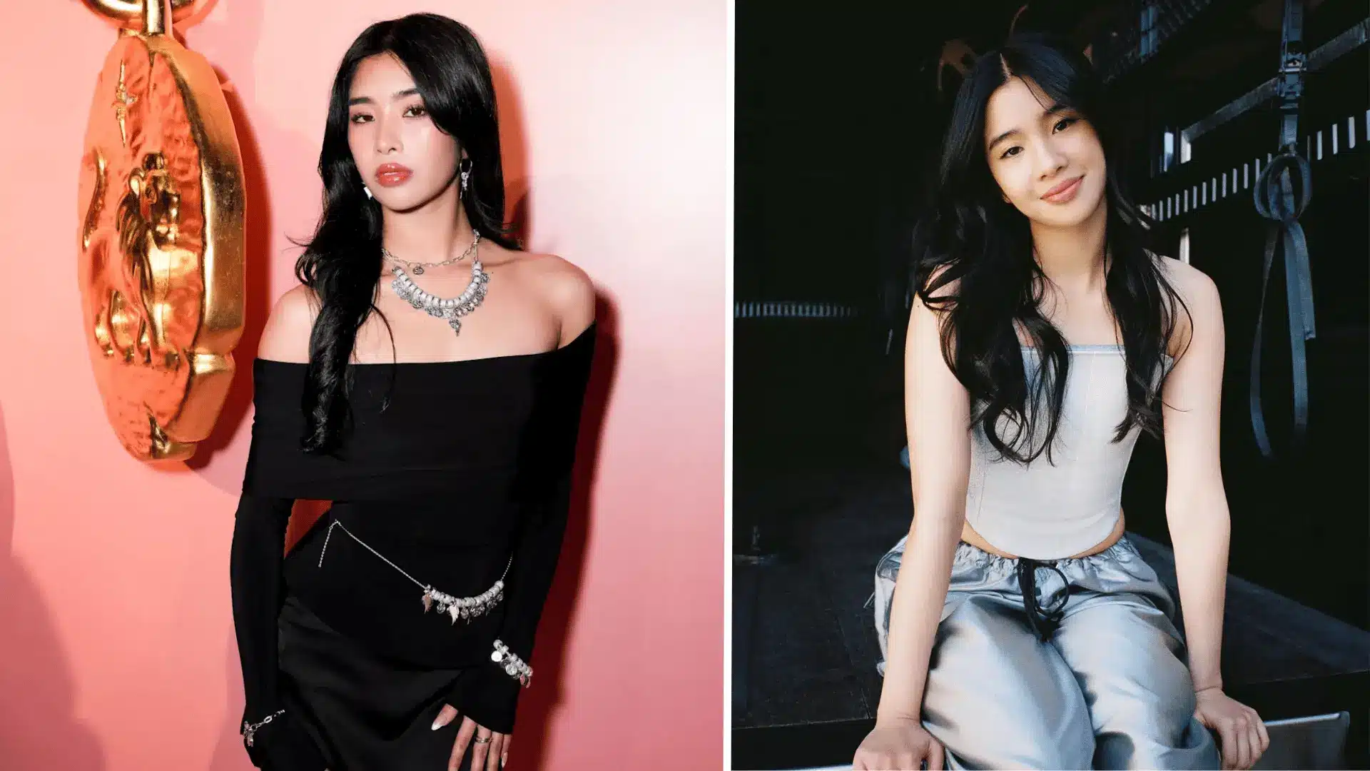 Side-by-side images of Sophia Laforteza, one in a black off-shoulder outfit against a pink background, one in a white top and gray pants sitting indoors