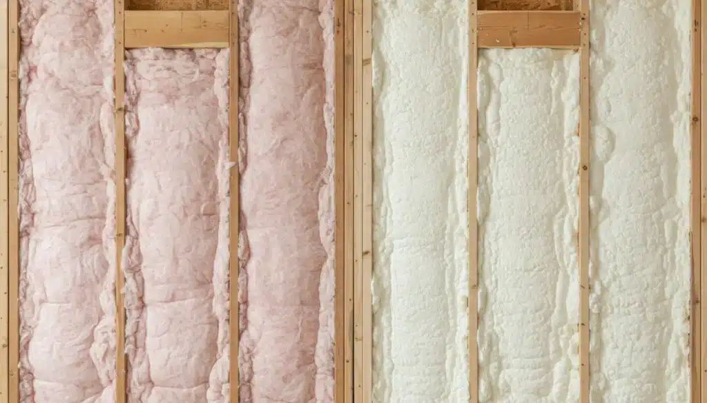Wooden wall studs with pink fiberglass and white foam insulation in unfinished construction setting