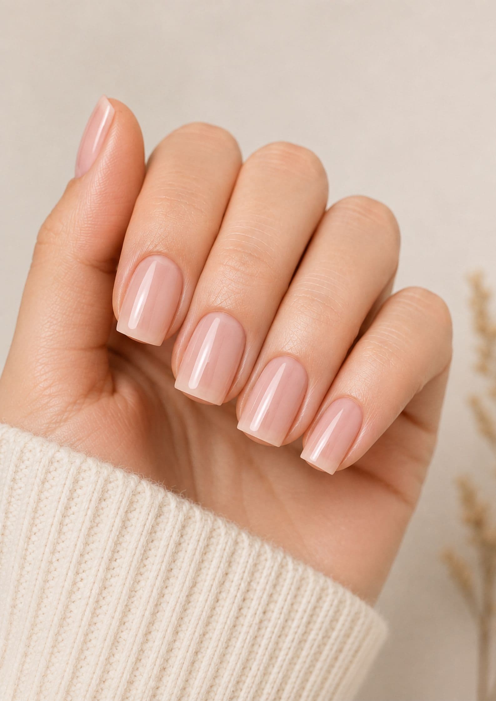 Square nude pink nails with flat tips and clean straight edges