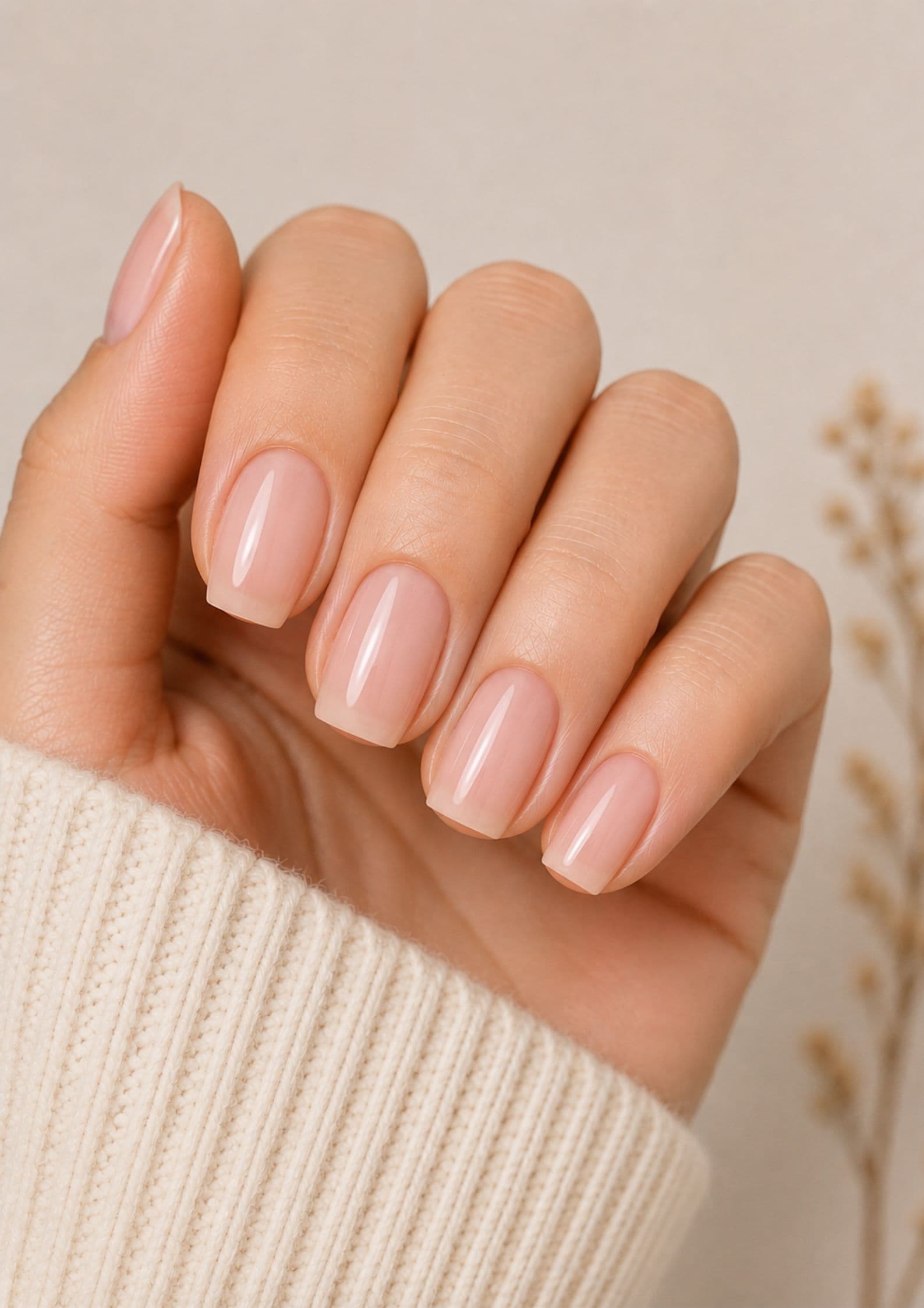 Squoval nude pink nails with rounded corners and a flat tip