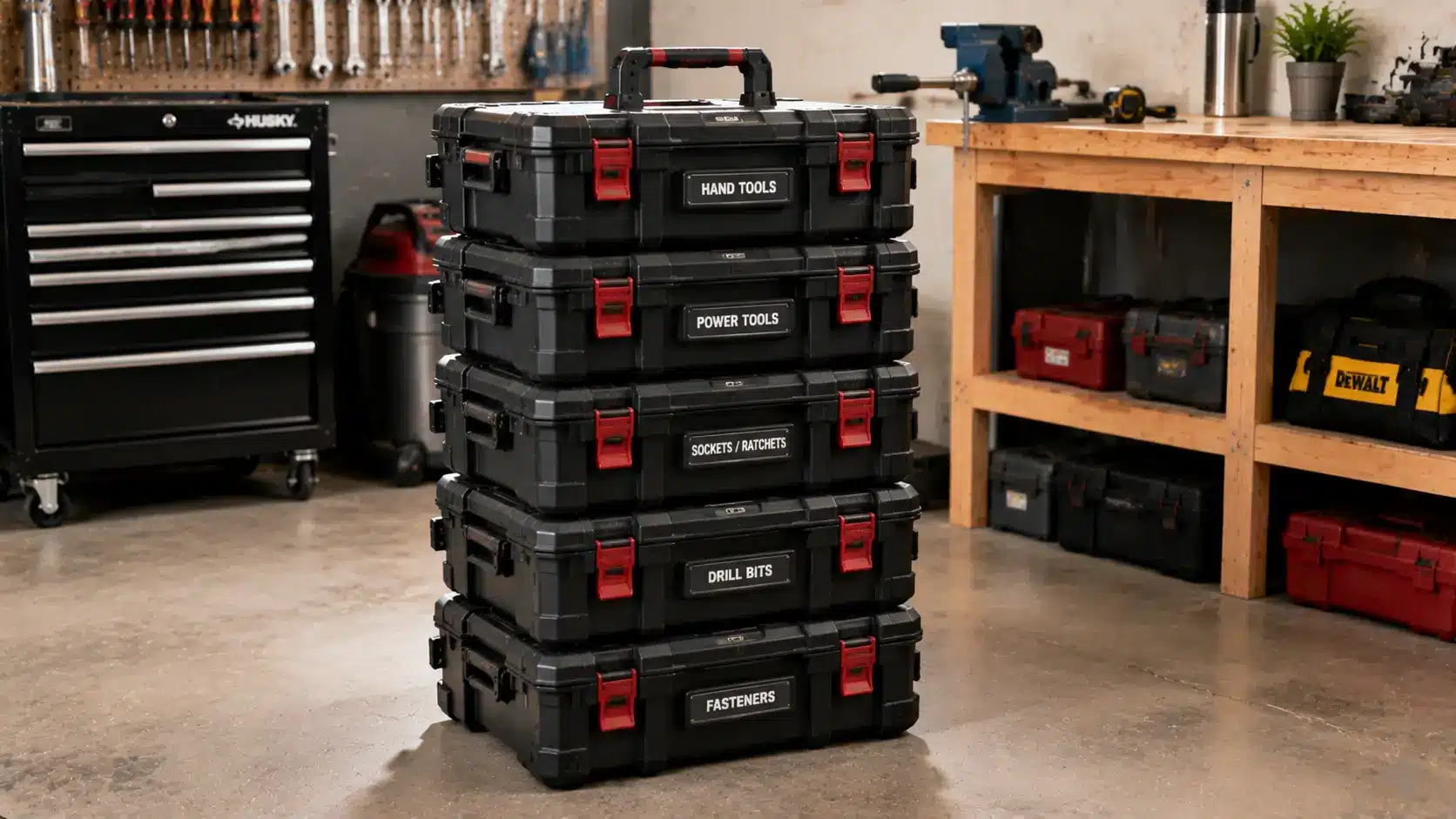 Stackable modular tool cases in workshop