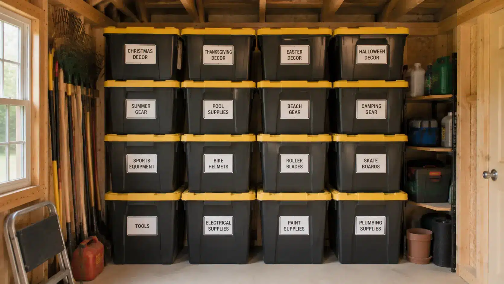 Stackable storage containers.