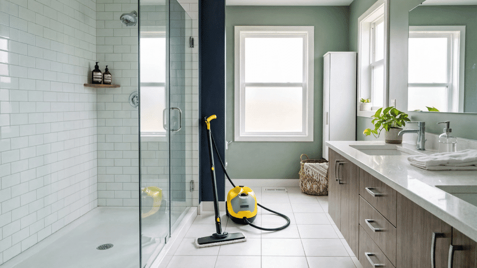 Clean shower glass and tiles after removing hard water stains using a steam cleaner.