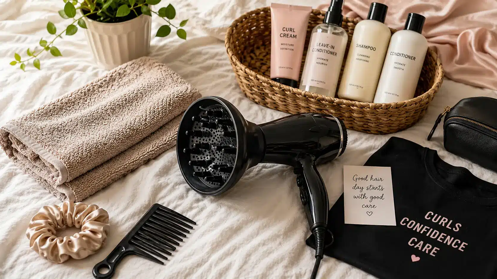 Step-by-step guide showing a woman diffusing curly hair from damp curls to defined, frizz-free results