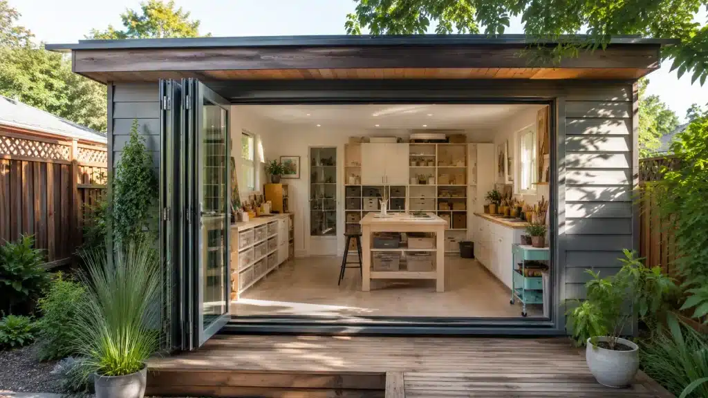 Outdoor view of art studio with open glass doors and wooden shelving inside