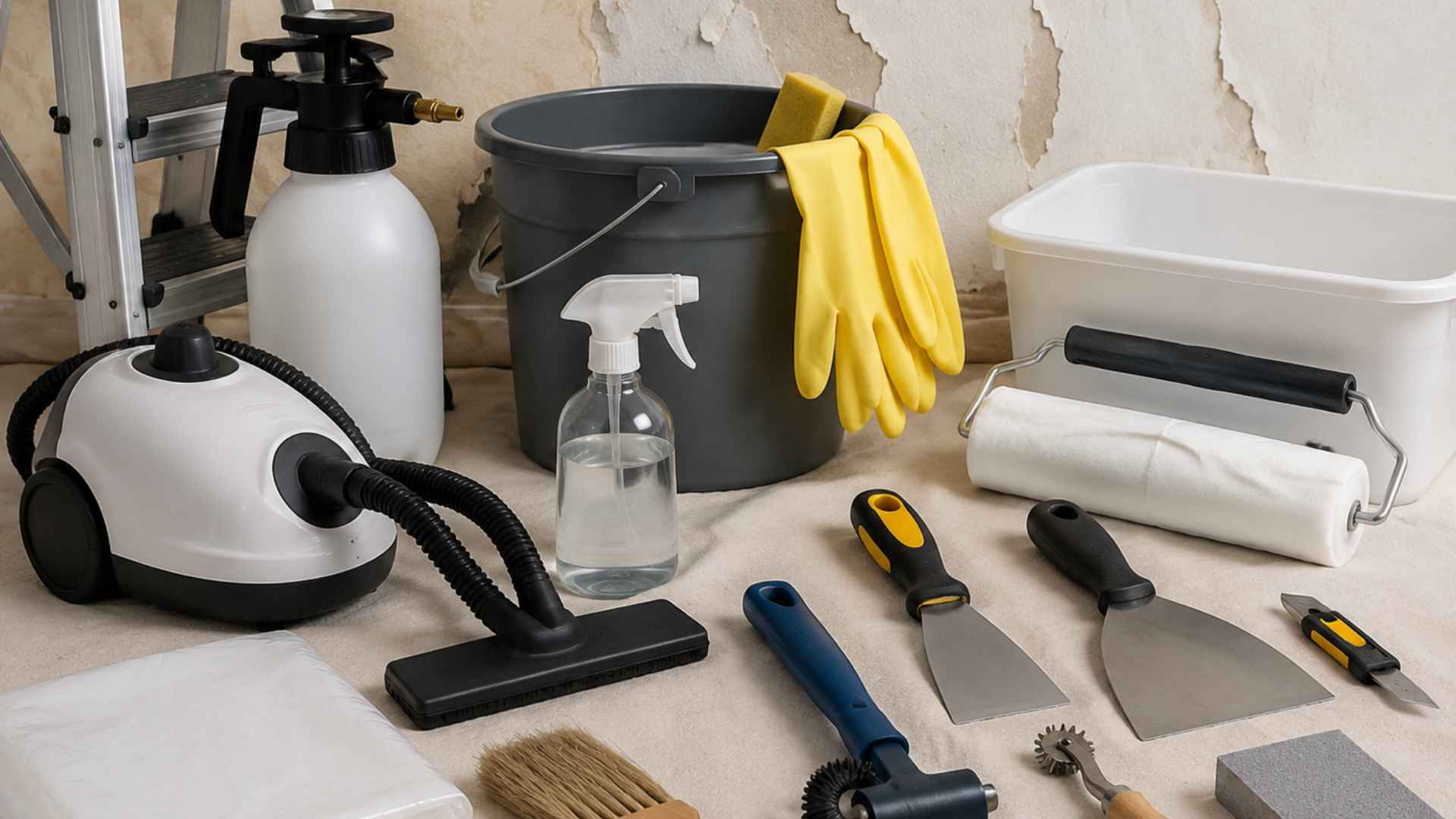Various wallpaper removal tools neatly arranged on a drop cloth in front of a partially stripped wall.
