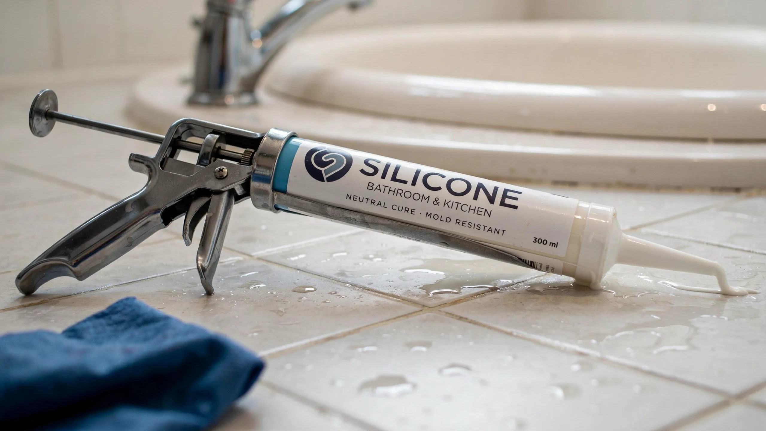 Silicone caulk tube loaded into a caulking gun and prepared for application.