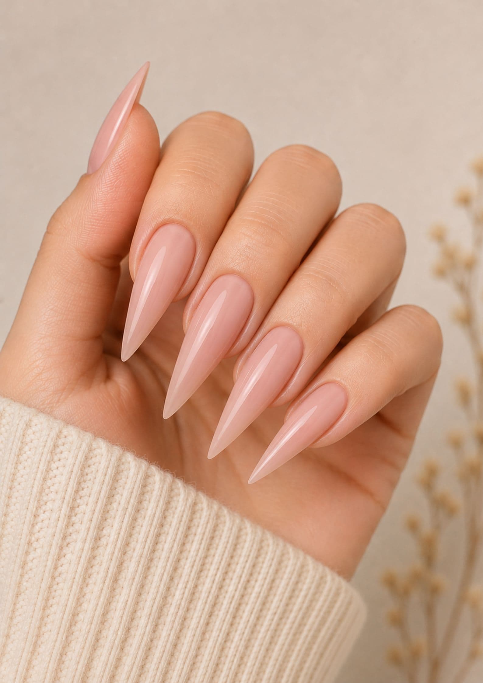 Long stiletto nude pink nails with dramatic pointed tips