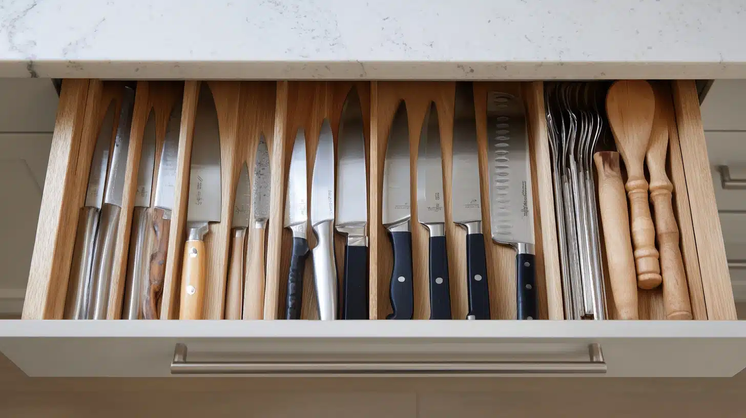 Knives lined up from smallest to largest inside a drawer, keeping edges safe and visible.