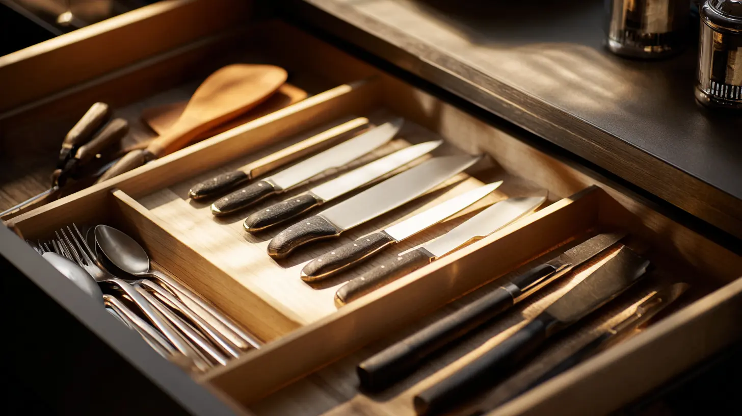 Knife insert in a drawer holding knives vertically, keeping blades safe and easy to reach.
