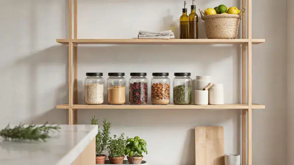 Neatly organized pantry shelves with frequently used items placed at eye level in clear containers and jars.