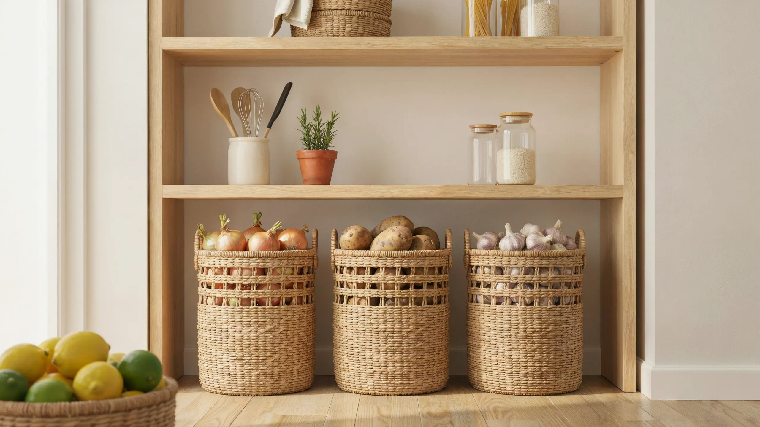 Ventilated baskets storing onions, garlic, and potatoes in pantry.