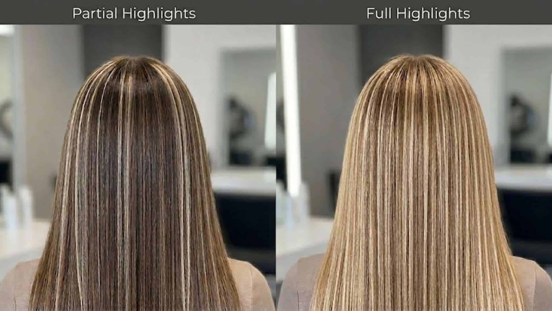 Side-by-side comparison of partial highlights (left) and full highlights (right) on straight hair showing color depth and coverage