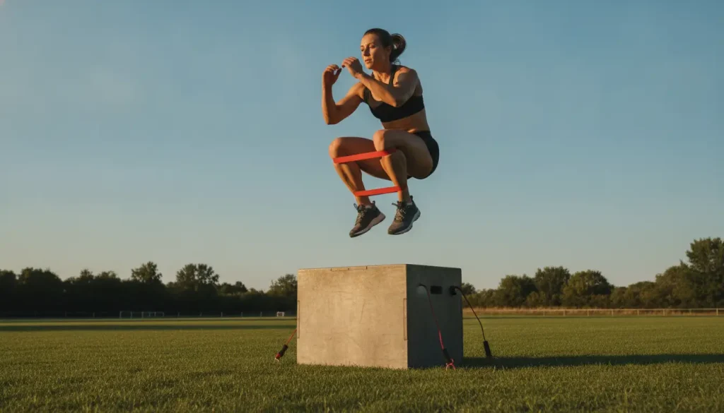 Woman performing box jump with resistance band in grassy field at sunset