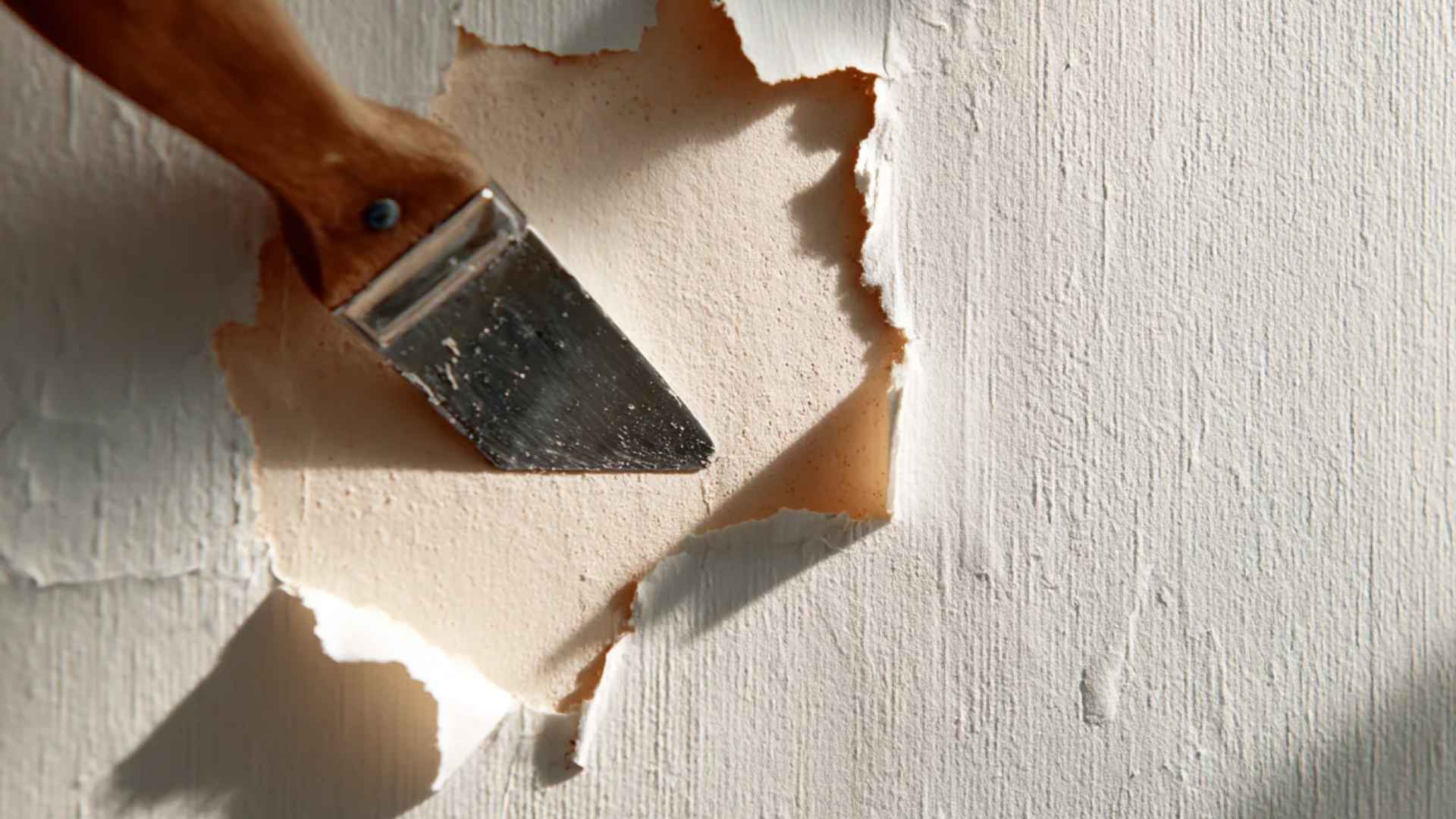 Hand peeling damaged wallpaper from a textured wall, showing adhesive residue underneath.