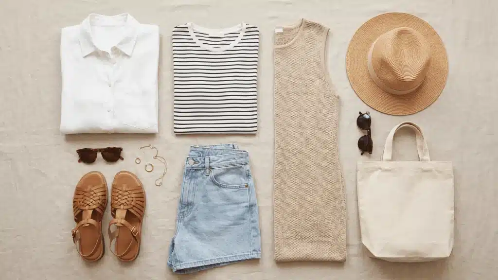 Flat lay of a summer capsule wardrobe with tops, bottoms, one-piece options, and shoes neatly arranged