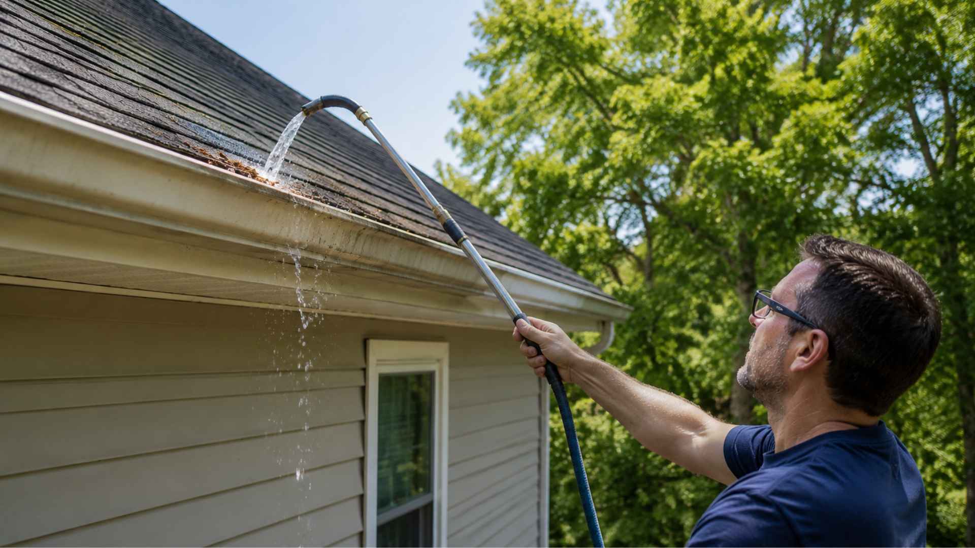 Person using a telescoping wand to flush leaves from a house gutter, standing safely on the ground.