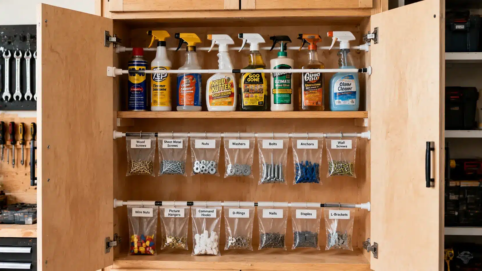 Tension rods organizing tools and hardware in cabinet