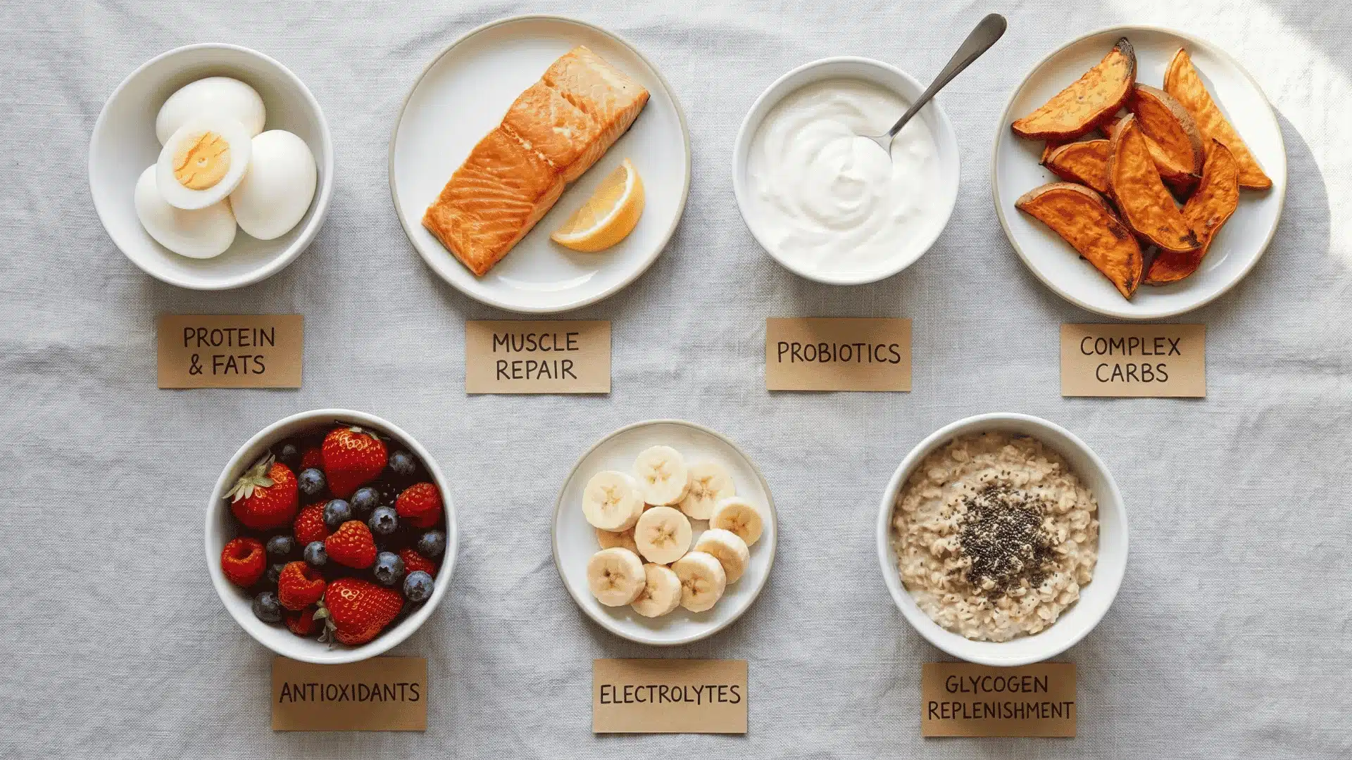 Collection of protein-rich and carbohydrate-rich recovery foods arranged neatly on a tabletop.