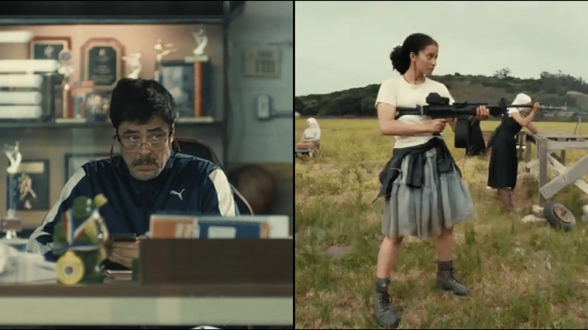 Split-screen showing a focused man at a desk in a trophy room and a woman outdoors holding a rifle during training.