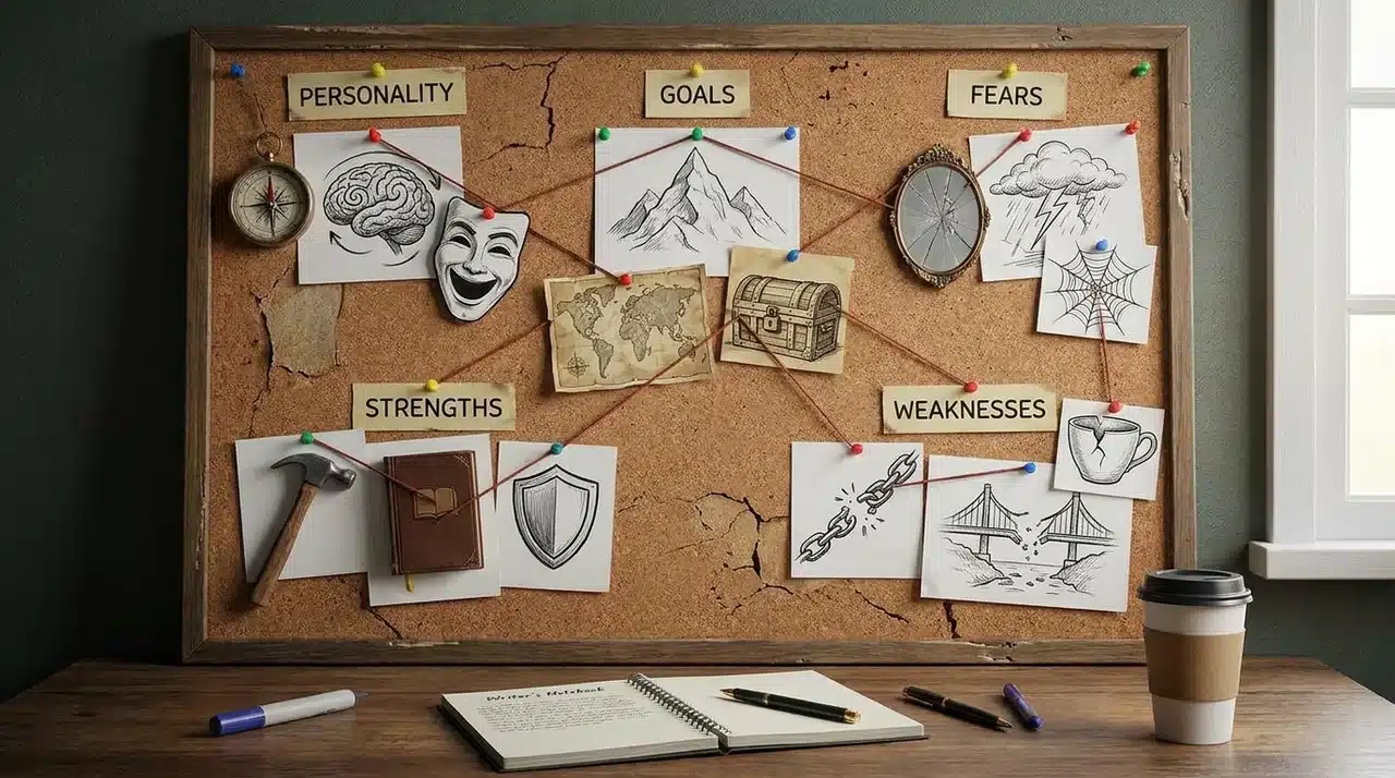 Character development board displaying personality, goals, fears, strengths, and weaknesses for story planning