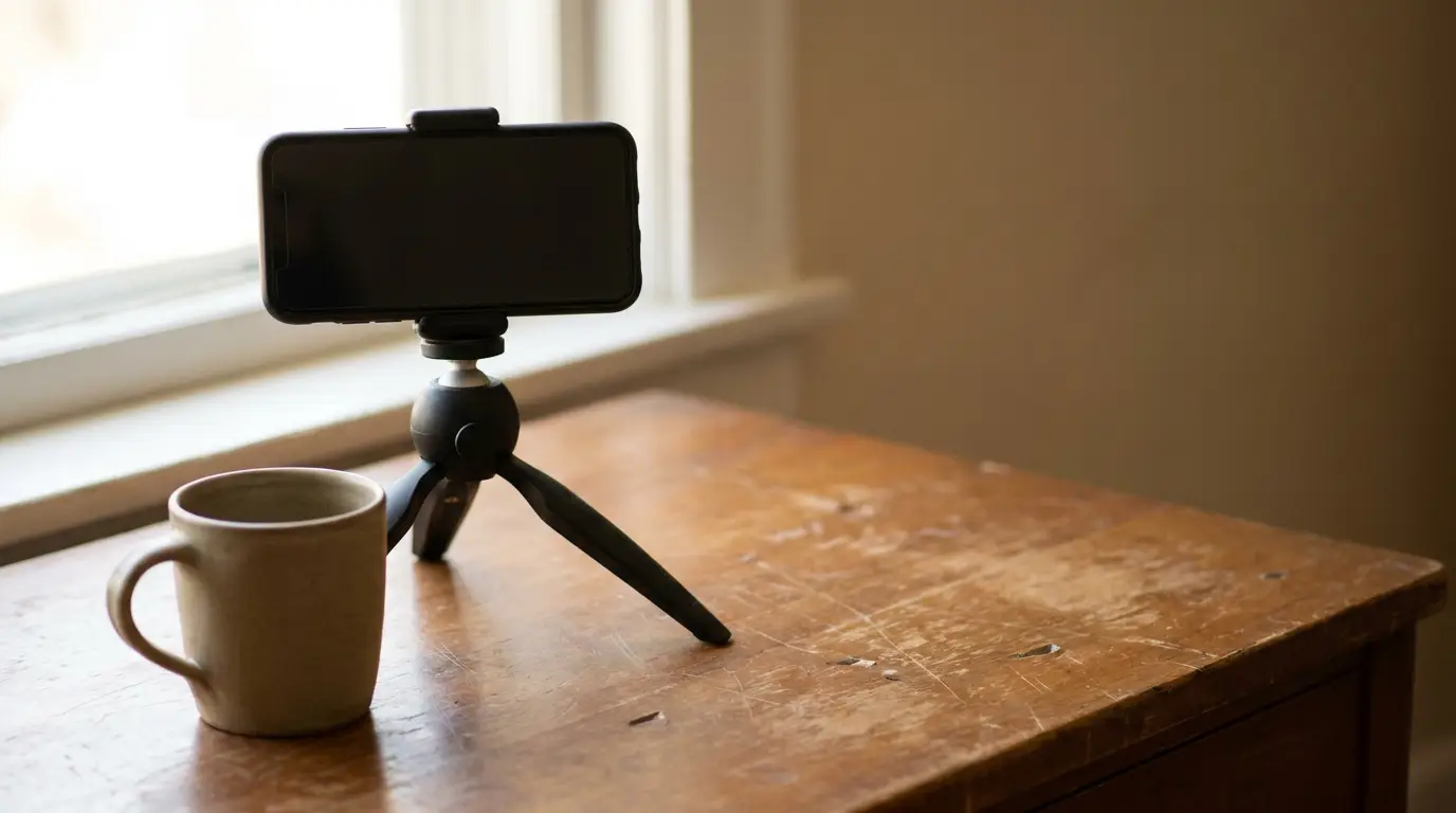 Smartphone on small tripod beside ceramic mug on wooden table in sunlight