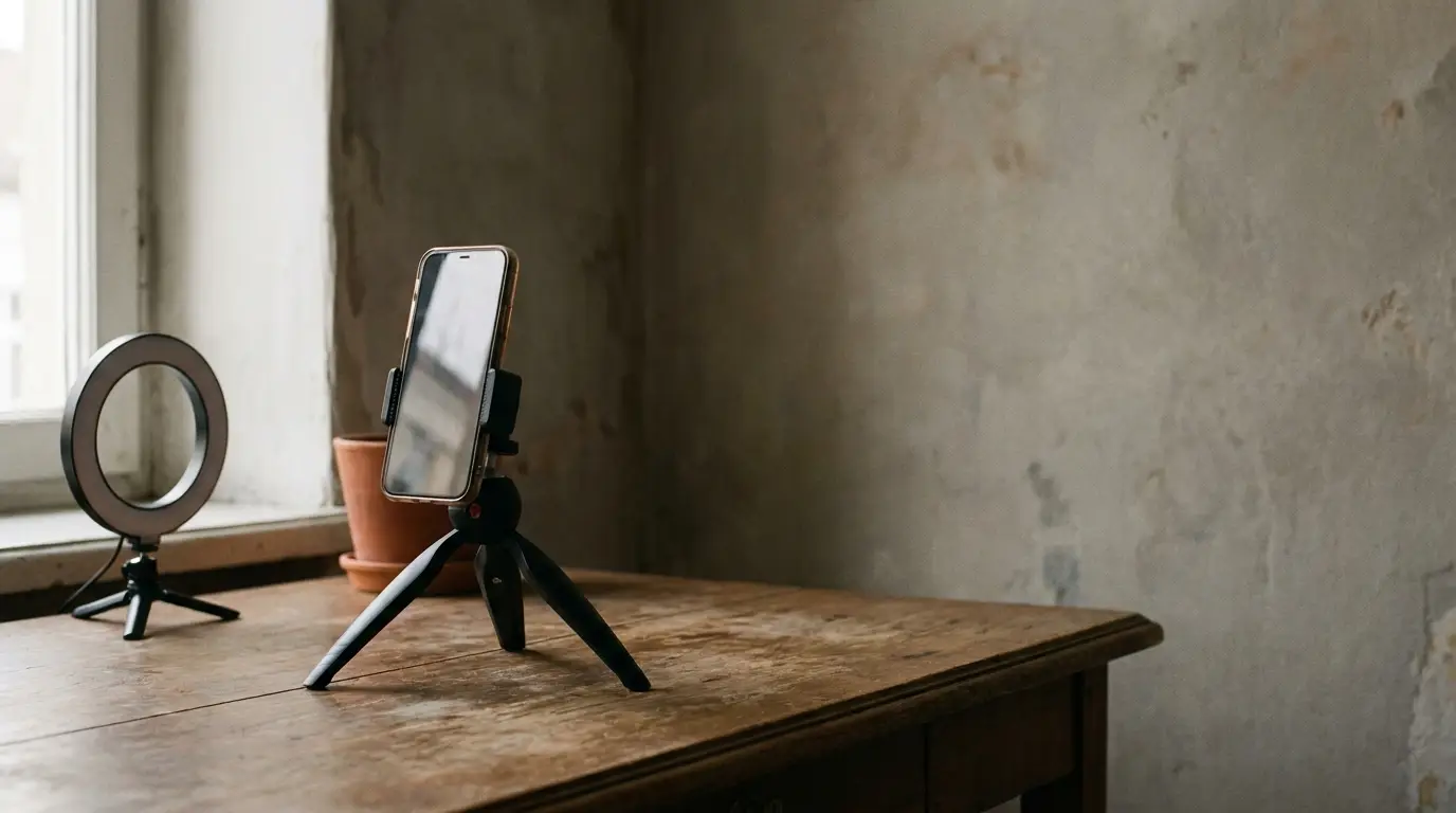 Smartphone on tripod stand next to ring light on wooden table near window
