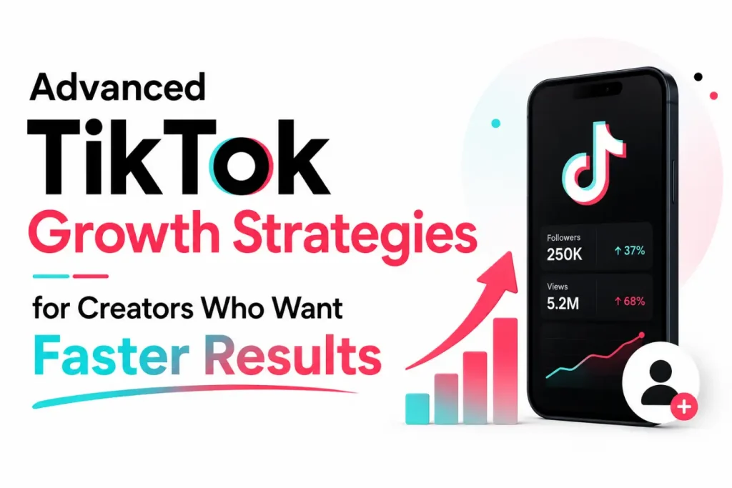 Smartphone displaying TikTok statistics with follower and view counts, red upward arrow graph icon