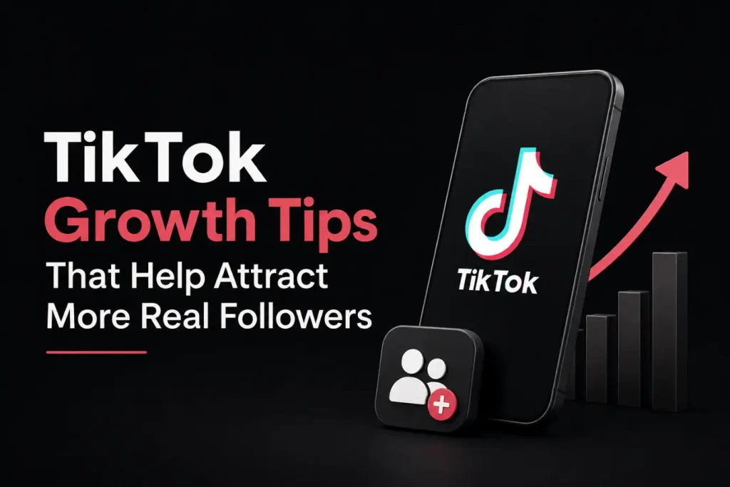 Smartphone displaying TikTok logo with rising bar graph and follower icon on black background