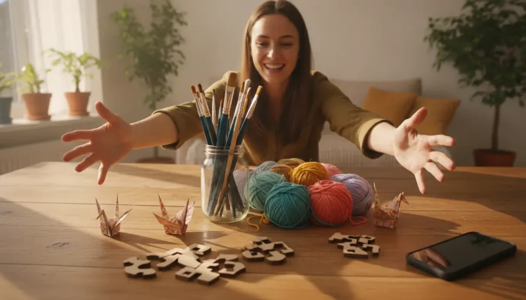 Woman reaching over crafts table with yarn, paintbrushes, origami, and wooden shapes in sunny room