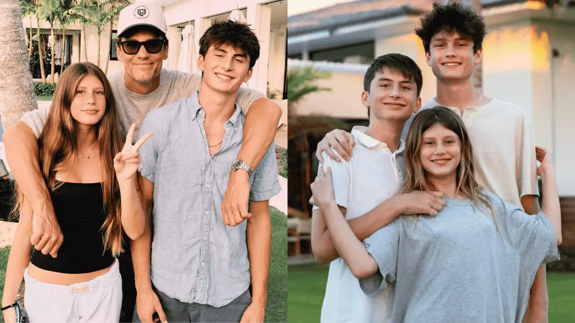 Two photos of Tom Brady's three children, Jack, Benjamin, and Vivian, smiling together outdoors.