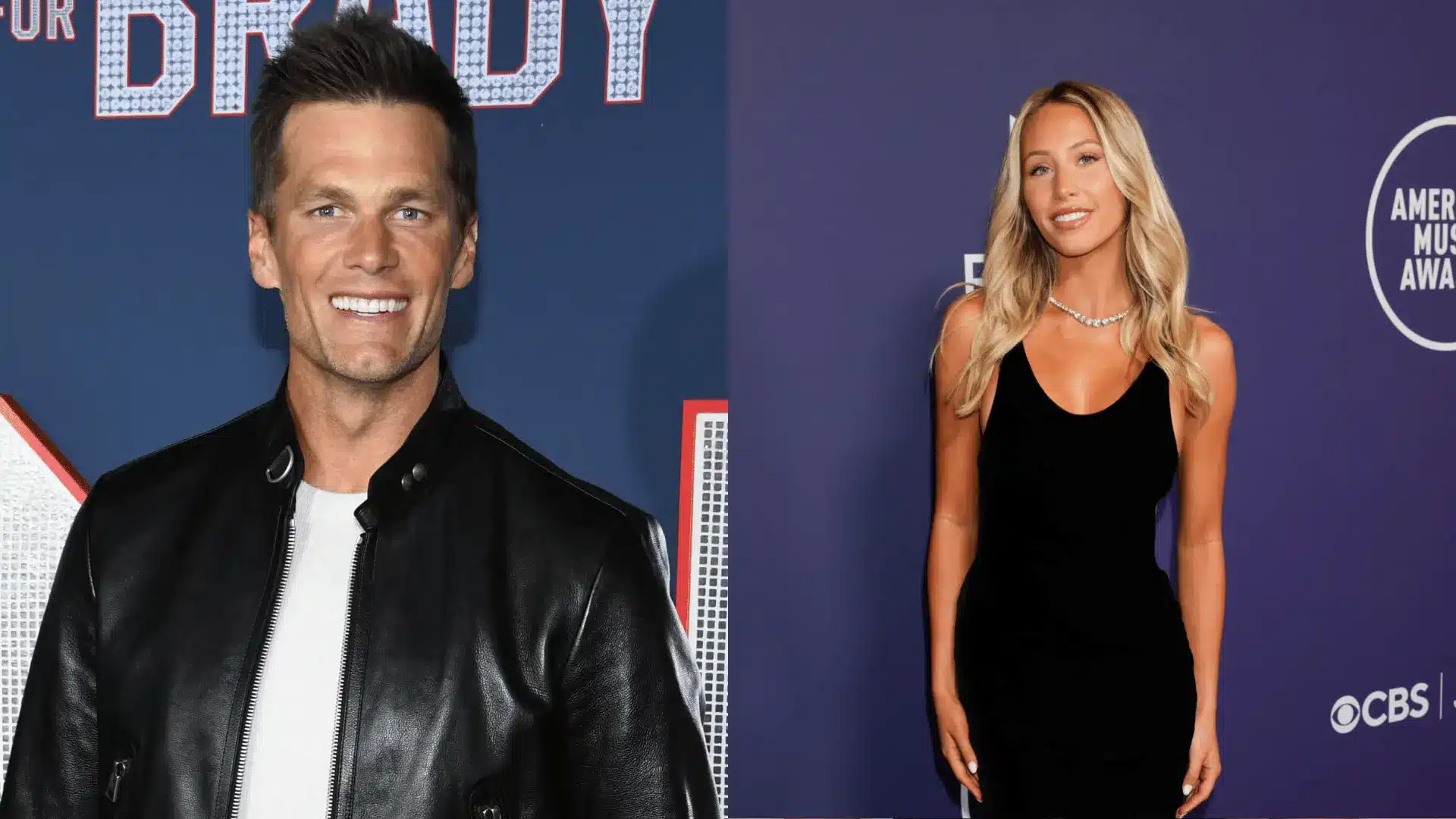 Side-by-side photos of Tom Brady in a leather jacket and influencer Alix Earle posing in a black dress.