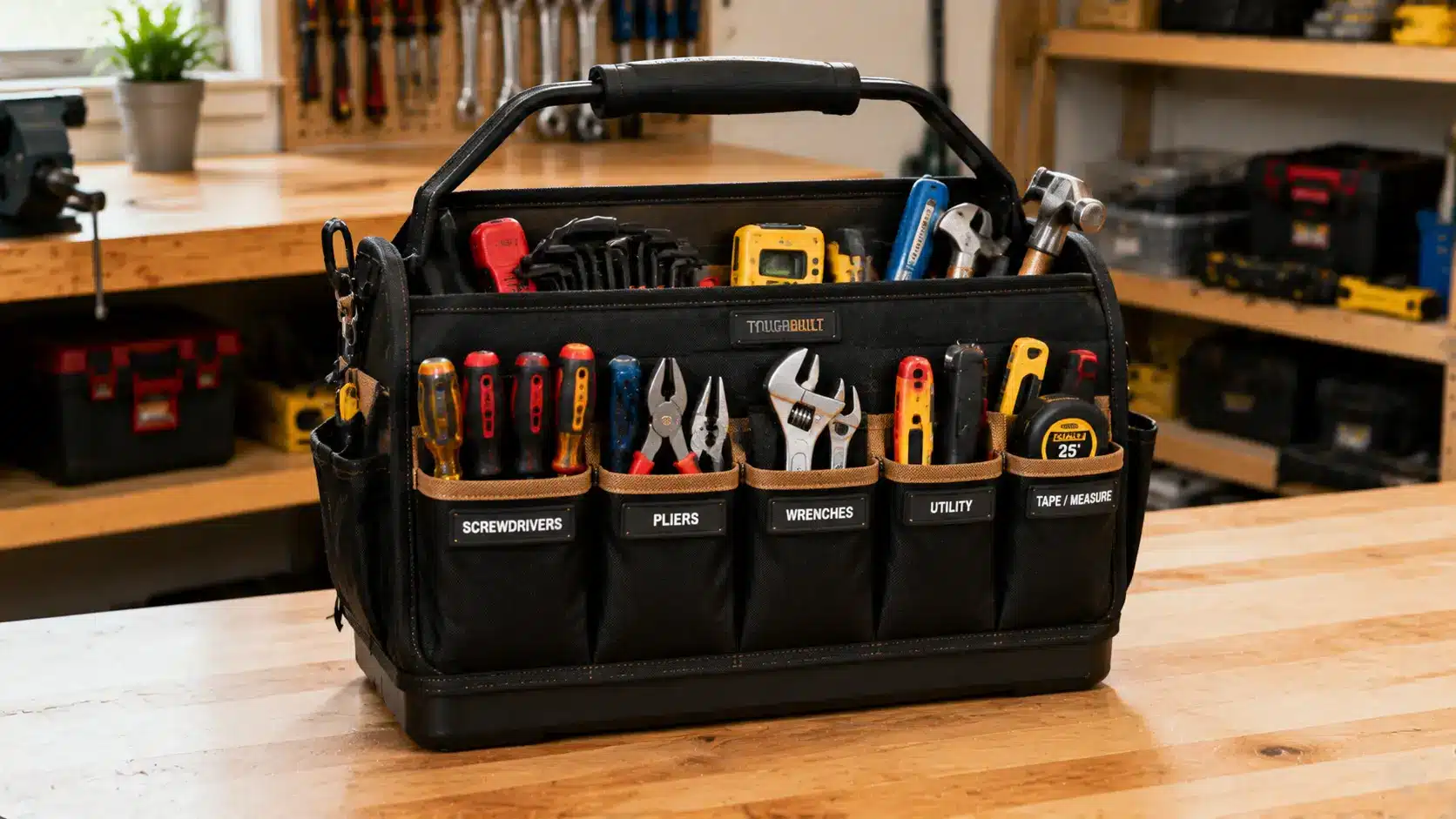 Tool bag with labeled pockets holding hand tools