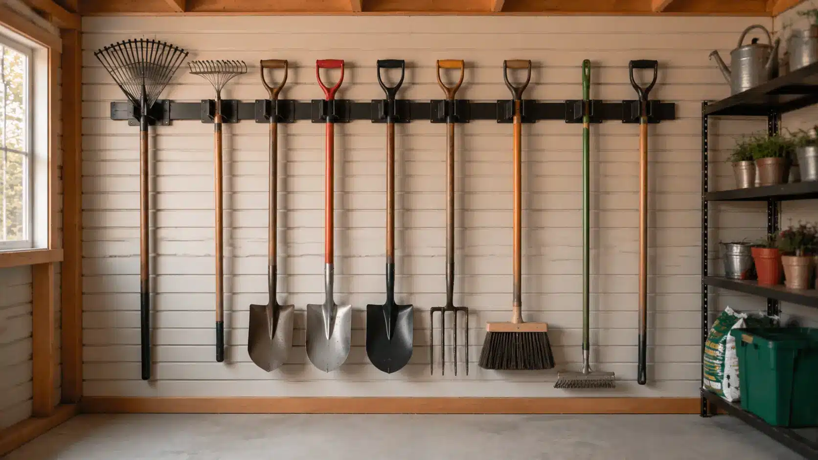 Tool rack storing long-handled tools.