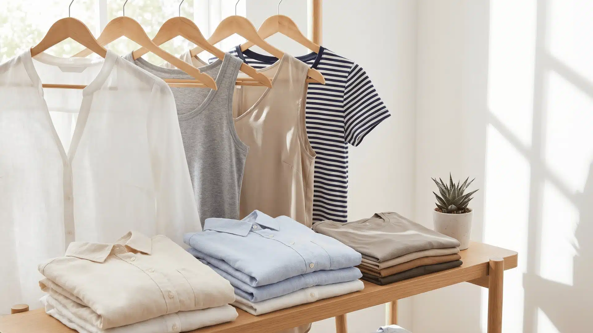 Assorted summer tops including linen button-downs and cotton tees displayed for a capsule wardrobe