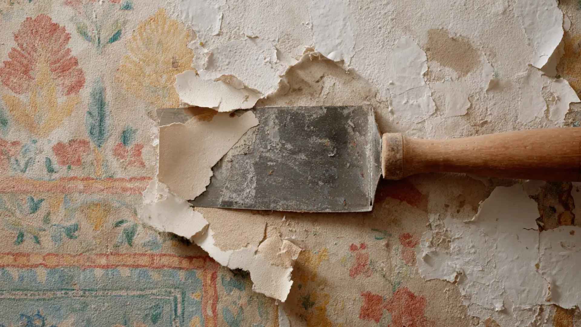 Putty knife scraping off old, patterned wallpaper, revealing the underlying wall surface.