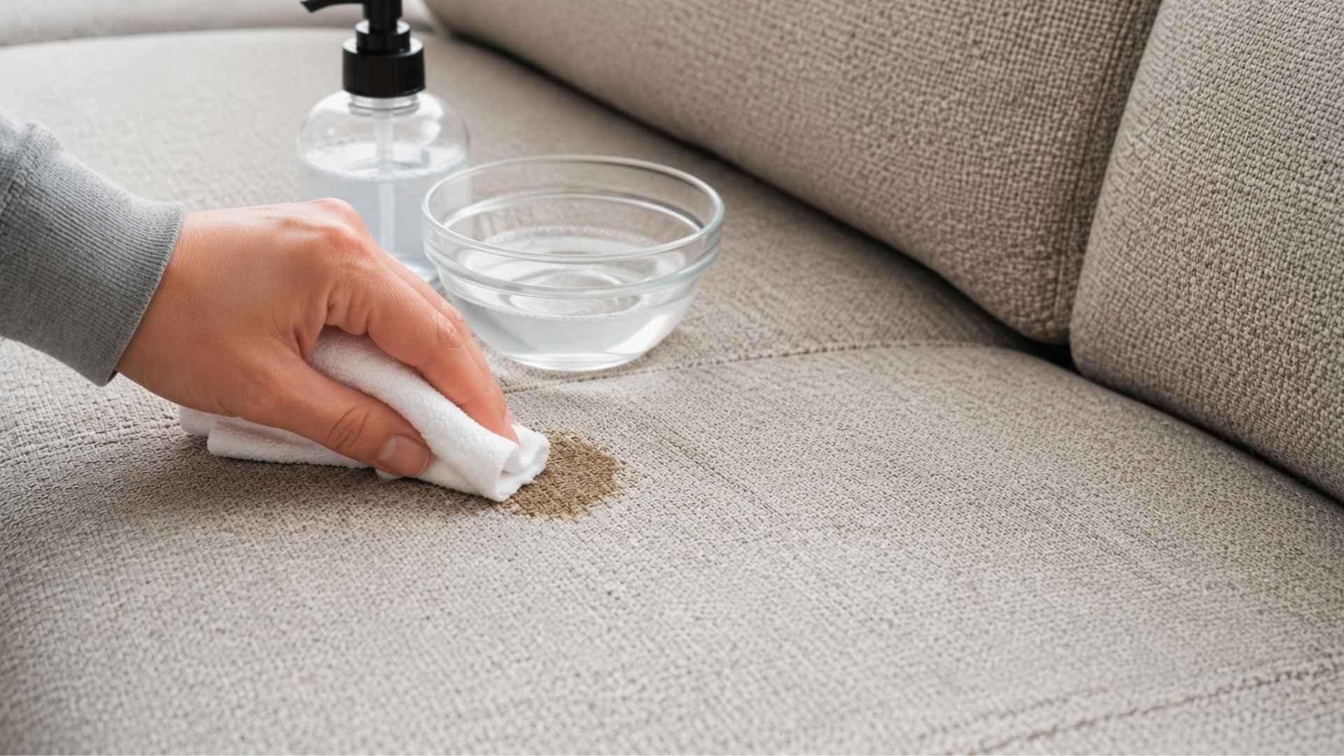 Woman gently blotting small stain on beige sofa with cloth, cleaning close-up fabric detail.