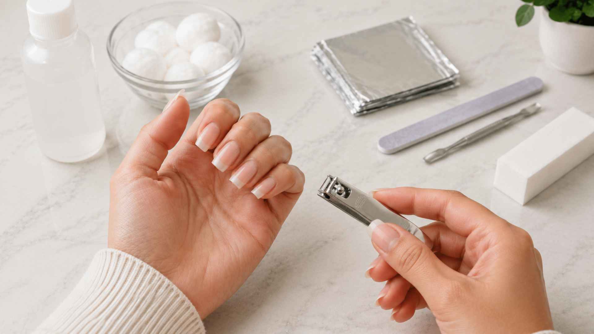 Person holding a nail clipper near long acrylic nails on a marble surface, preparing to trim the nails before removal, with manicure tools arranged nearby.