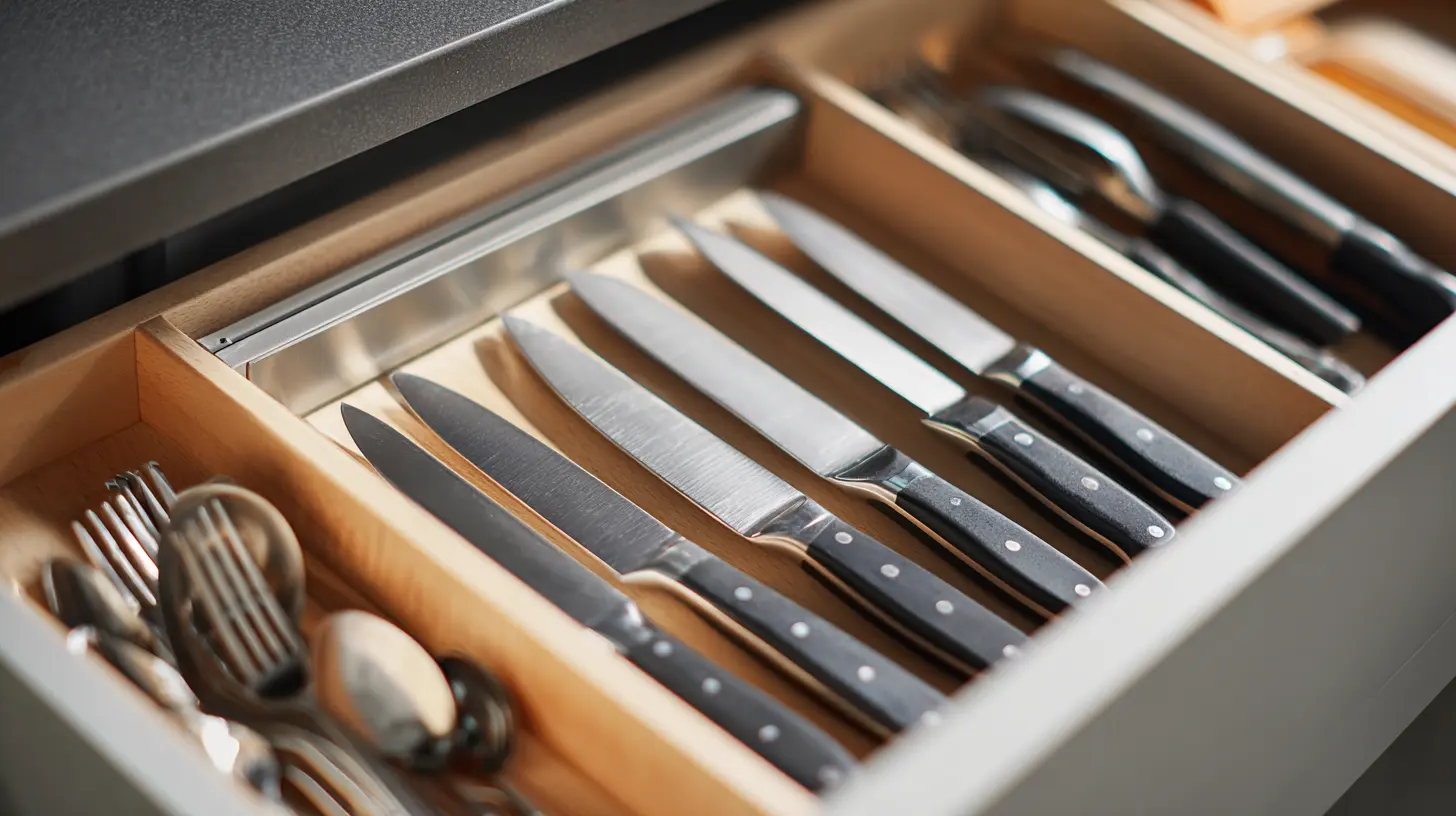 Drawer with magnetic strip holding knives securely and visibly, preventing sliding and overlapping.