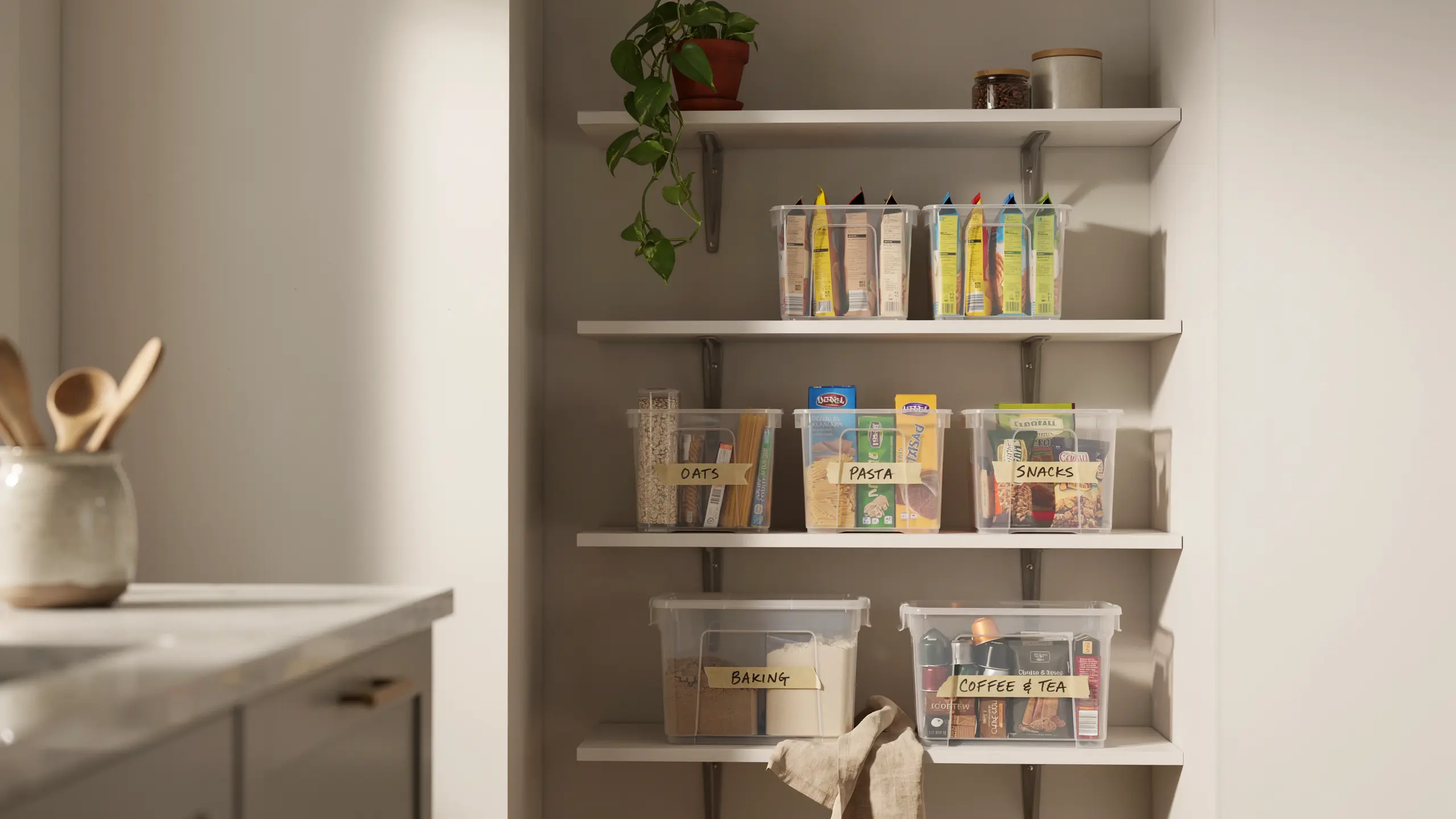 Pantry shelves organized with simple plastic bins holding categorized dry goods, snacks, and baking supplies.