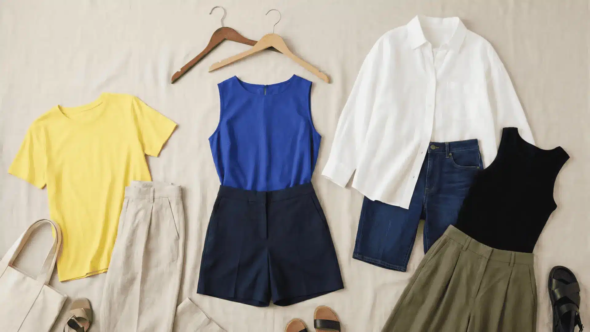 flat lay of summer outfit combinations with contrasting tops and bottoms showing different silhouettes
