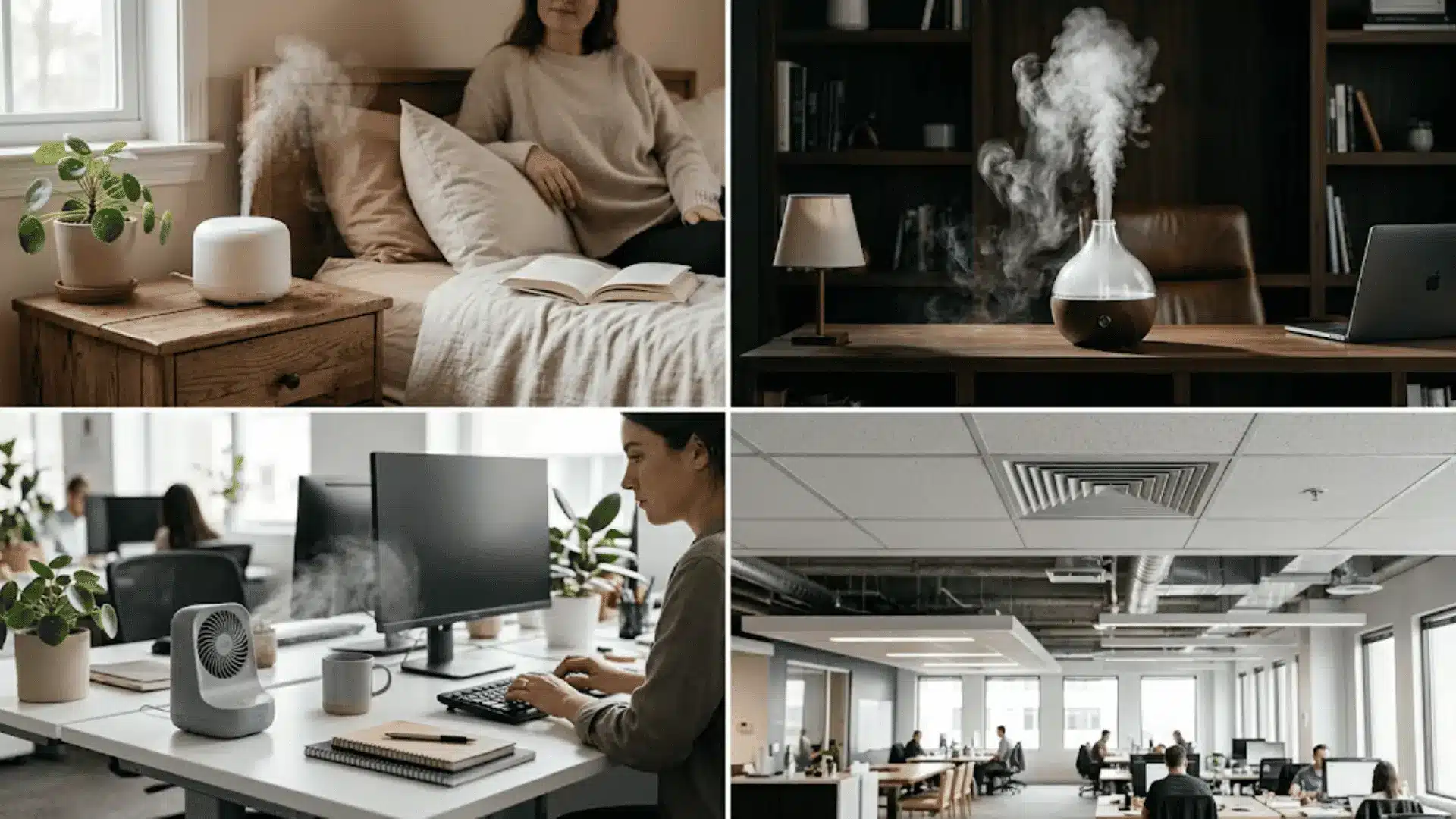 Comparison of ultrasonic, nebulizing, evaporative, and HVAC diffusers showing different scent and air distribution methods.
