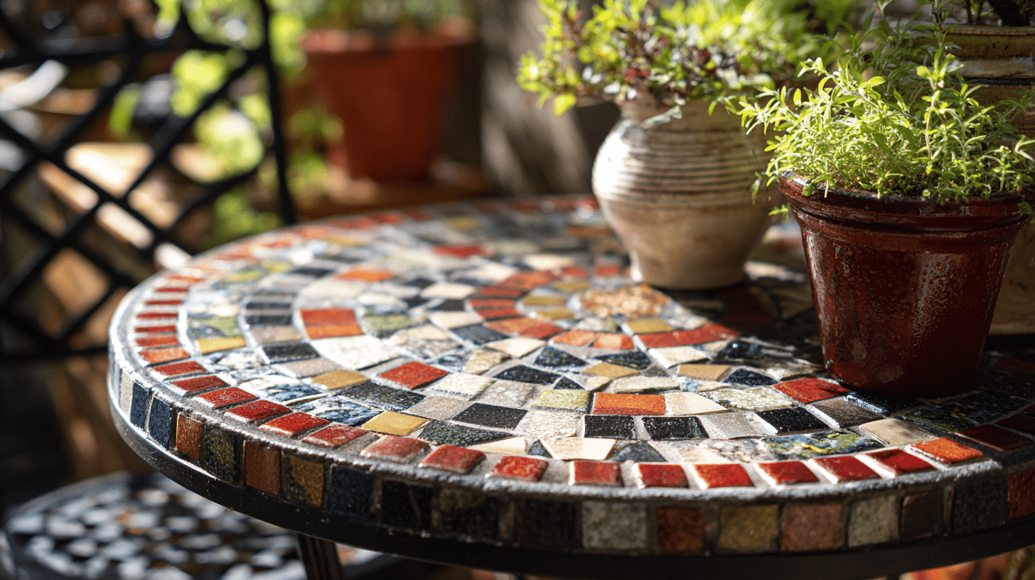 Mosaic and tile patio table realistically arranged on a sunny patio