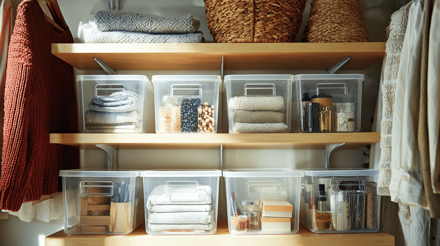 Organized room with clear storage bins on shelves, visible labels, tidy and minimalist interior, natural lighting.