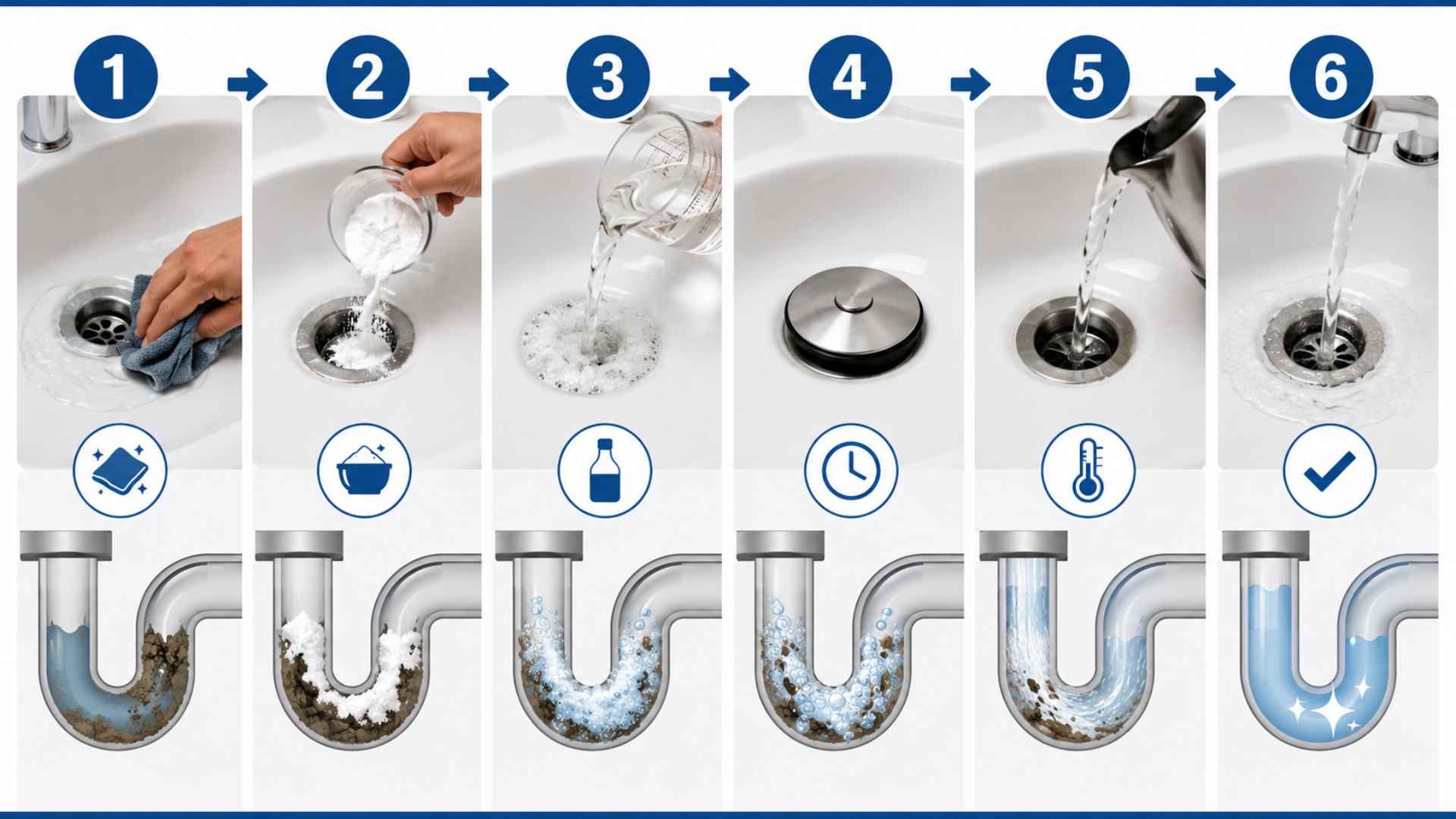 Step by step infographic showing how to unclog a drain with baking soda, vinegar, and hot water.